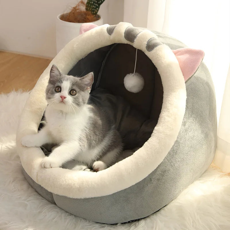 Plush Cat Cave Bed - Self-Warming Covered Nest for Indoor Cats & Small Dogs