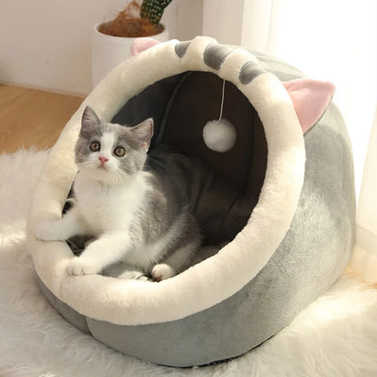 Plush Cat Cave Bed - Self-Warming Covered Nest for Indoor Cats & Small Dogs