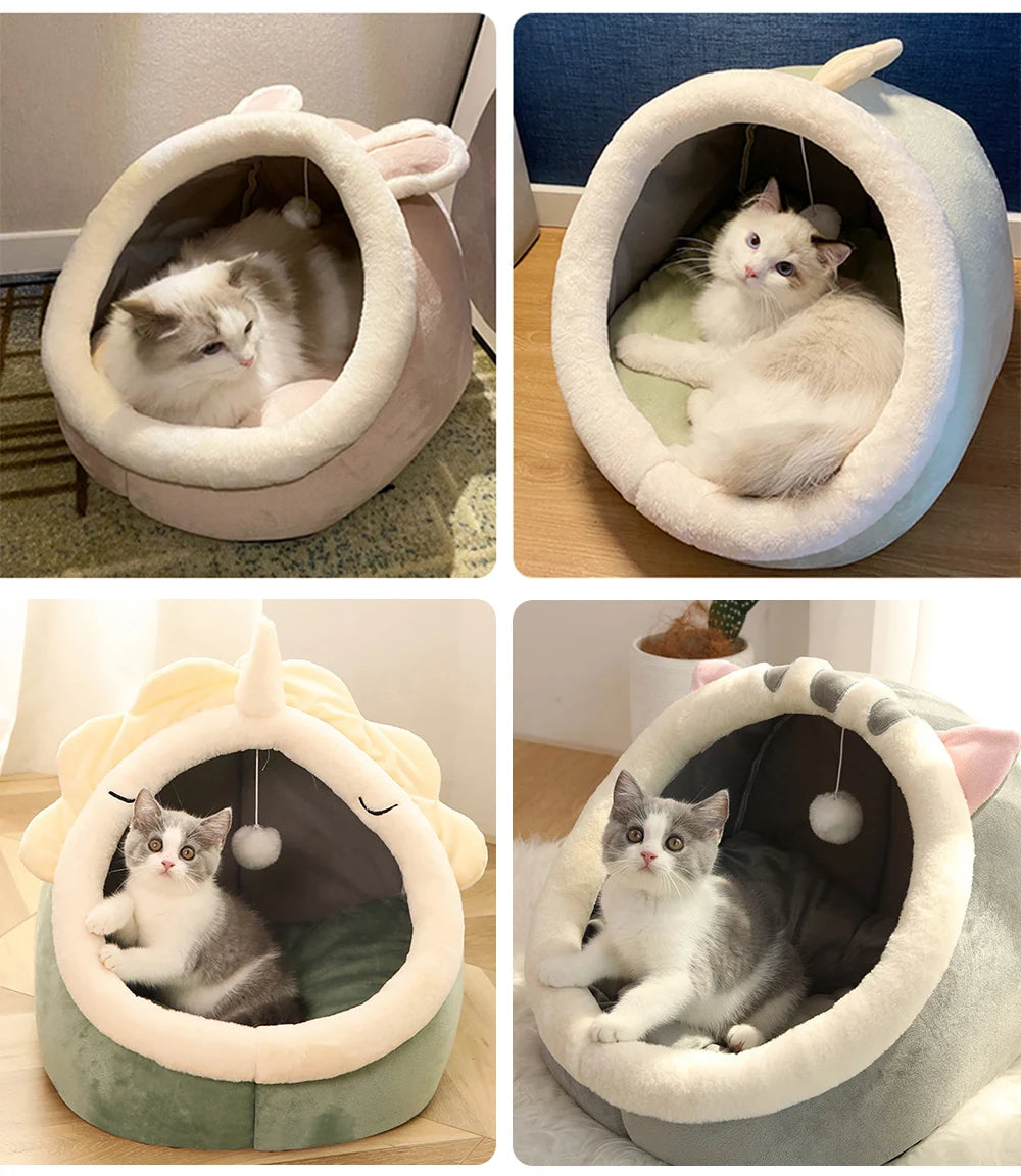 Plush Cat Cave Bed - Self-Warming Covered Nest for Indoor Cats & Small Dogs