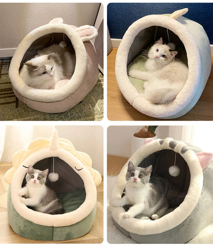 Plush Cat Cave Bed - Self-Warming Covered Nest for Indoor Cats & Small Dogs