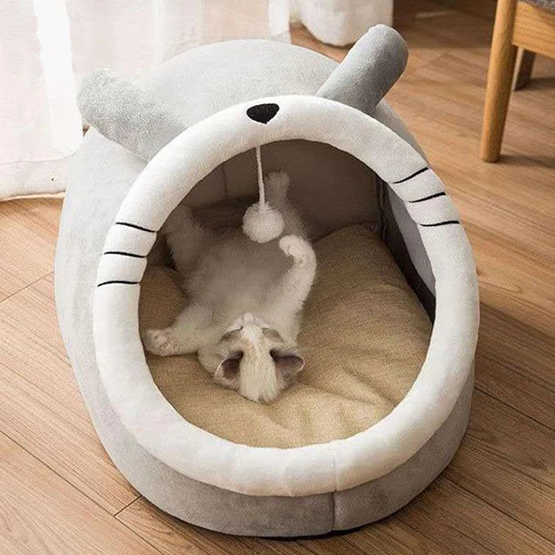 Plush Cat Cave Bed - Self-Warming Covered Nest for Indoor Cats & Small Dogs