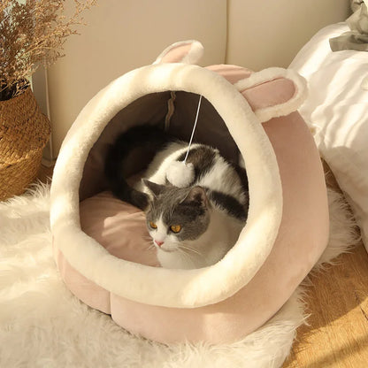 Plush Cat Cave Bed - Self-Warming Covered Nest for Indoor Cats & Small Dogs